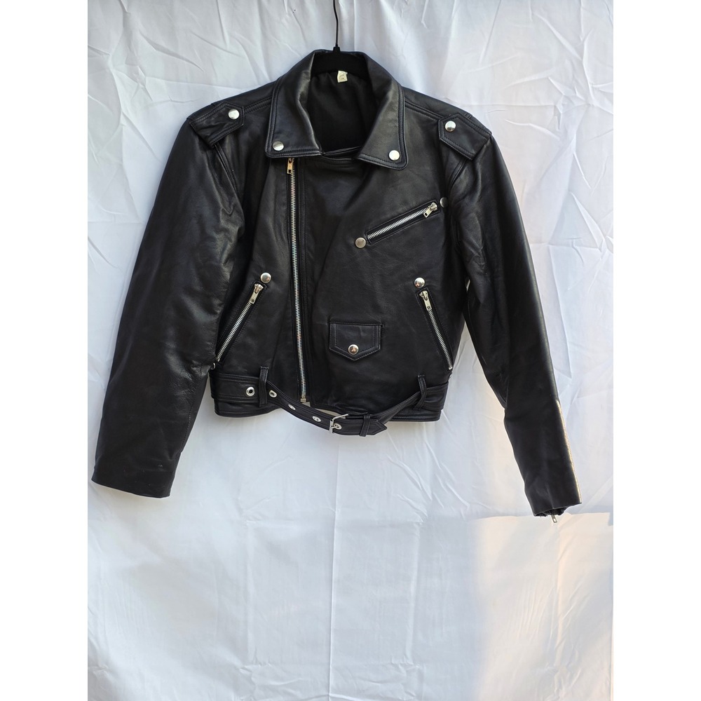 Manuel Herrero Madrid Black Genuine Leather Biker Motorcycle Jacket Belted M